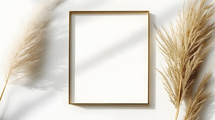 Wall Mural - Stylized flat lay of blank invitation card with geometric brass frame and pampas grass.