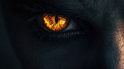 Wall Mural - Close-up of the demon eye. Pupil with flame, fire. Evil look. AI generated.