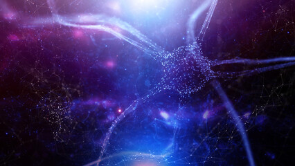 Wall Mural - artistic brain neuron cell in colorful blue and red artificial intelligence cyberspace with detailed