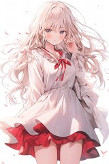 Wall Mural - Anime illustration of a blonde-haired girl in a white dress with red accents, standing gracefully with flowing hair. Her soft expression and delicate features create a warm, charming atmosphere