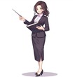 © mikeosphoto - Anime-style illustration of a female teacher in a black suit and white blouse. She holds a pointer and a book, exuding professionalism and confidence