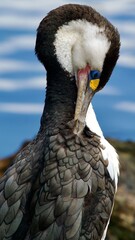 Wall Mural - New Zealand Pied Shag or Cormorant (Phalacrocorax varius) preening itself by the waterside