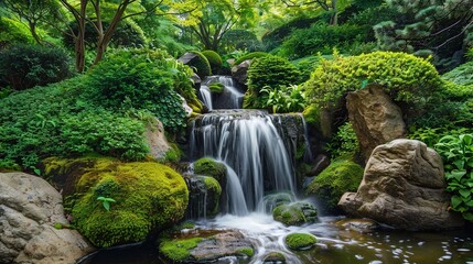 Poster -   A waterfall nestled amidst verdant foliage, surrounded by a multitude of stones and greenery on both sides