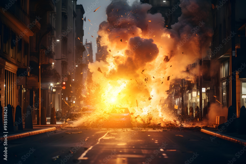 Powerful explosion with fire and smoke on a city street as a result of ...
