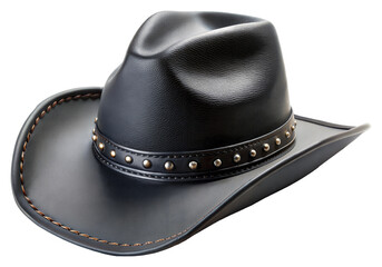 Black leather cowboy hat with studded band detail isolated on transparent background