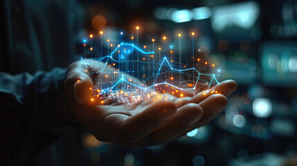 Poster - Close-up of the man hand holding a hologram of economic growth graph. Generative AI.
