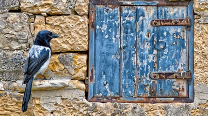 Sticker -  A black and white bird perches on a stone wall beside a blue door with a rusted metal handle