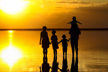 Wall Mural - A Happy family silhouette at sea with reflection in park in nature