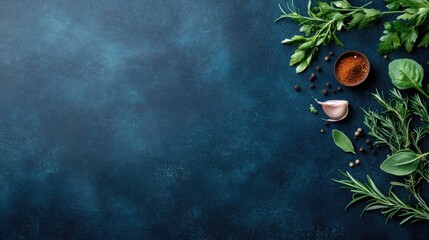 Wall Mural - Fresh herbs and spices are artfully arranged on a dark stone surface, creating a vibrant backdrop ideal for culinary inspiration and recipe ideas