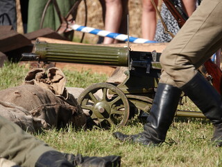 Maxim system machine gun - the most popular machine gun of World War I in dark green coloring during combat