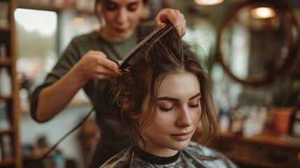 Hairdresser cutting woman's hair, salon