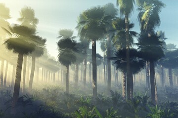 Wall Mural - Coconut palms in the rays of light, coconut grove in the fog in the morning at dawn, 3d rendering