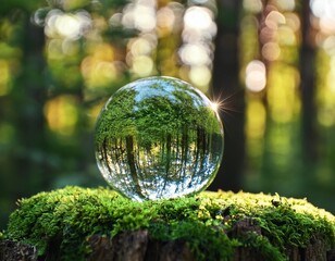 Wall Mural - Crystal ball on mossy tree stump in forest, abstract natural background. magic prediction crystal ball for meditation, relax. esoteric spiritual practice. Witchcraft, ritual for summoning spirits