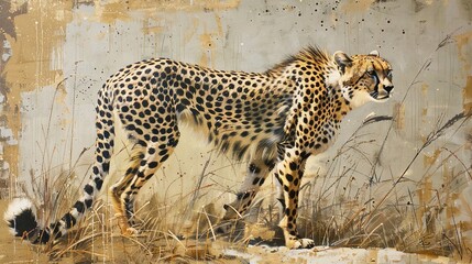 Poster -   Cheetah on Dry Field against Grungy Wall