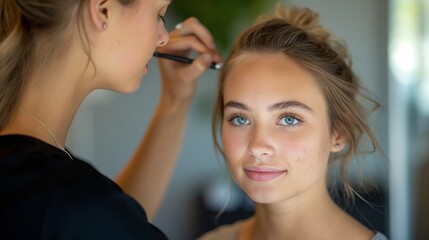 Wall Mural - Makeup artist full body, applying foundation, client