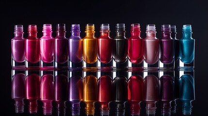 Wall Mural - Row of nail polish bottles in different pink colors. Nail polish collection