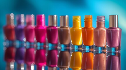 Wall Mural - Row of nail polish bottles in different pink colors. Nail polish collection