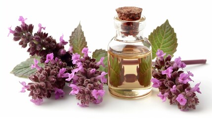 Wall Mural - patchouli plant, flowers and oil, isolated on white background