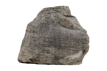 Jelling stone, replica of Harald Bluetooth's rune stone from Jelling, massive carved stone with viking inscriptions, high-resolution PNG file, isolated on transparent background