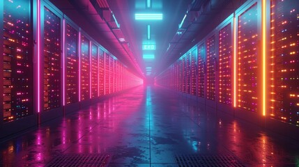 Wall Mural - Futuristic data center corridor with neon lights - generative ai