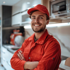 Poster - Worker with red clothes smiling at camera building a new modern kitchen. Generative AI.