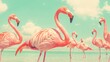 © VarunyuAi - A vibrant group of pink flamingos standing gracefully in shallow water under a clear blue sky.