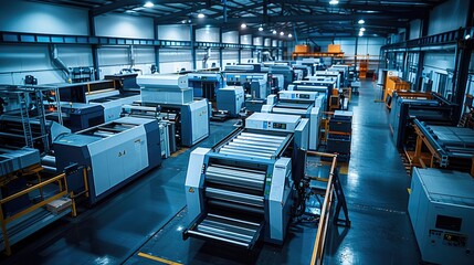 Poster - A modern small printing company taken from an elevated position. an offset printing machine, a digital printing machine, a large format printing machine, and a finishing machine. Generative AI.