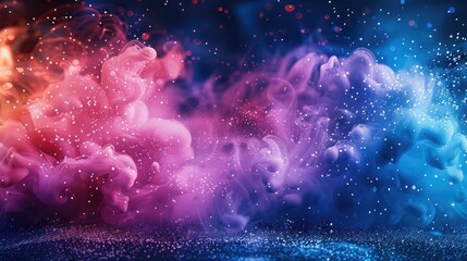 Wall Mural - paint ink drops in water, motion color explosion smoke, clouds of steam blue pink liquid splash on g