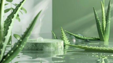 Aloe vera background for natural cosmetics. Aloe vera plant and podium in water for design.