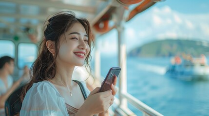 Poster - Asian woman looking at smartphone, summer blue sky, summer vibe, standing on a ferry boat, look happy, big smile. Generative AI.