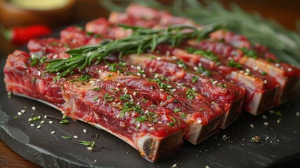 Poster - Raw lamb ribs on plate with natural background