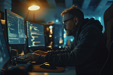 Young man programmer working in office at workplace station