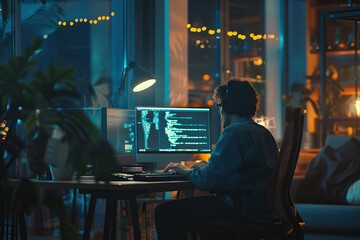 Young man programmer working in office at workplace station