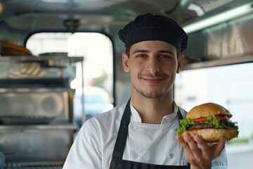 Young male chef holding fresh burger, food truck owner