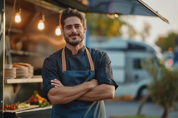 Wall Mural - Portrait of young male chef, food truck owner