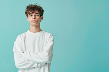 Wall Mural - Young attractive man in sweatshirt on blue background