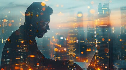 Aufkleber - Business finance and investment concept. Double exposure of businessman working on laptop computer and the city, office buildings for business and financial technology. Generative AI.