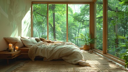 Cozy bedroom overlooking lush forest - generative ai