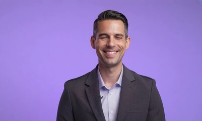 Wall Mural - Portrait of a happy young businessman smiling at the camera on purple background