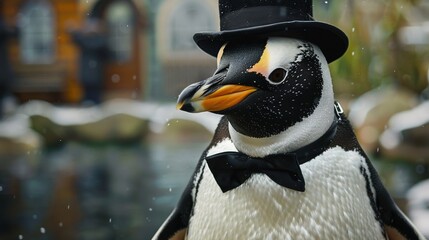 Sticker -   A picture of a penguin in a top hat and bow tie with another top hat on its head