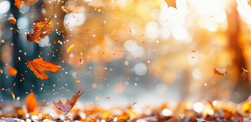 Poster - Autumn Leaves Falling in the Forest at Sunset