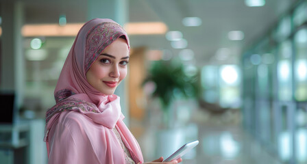 Wall Mural - Happy young Arab woman wearing a pink traditional dress and pink scarf with no design looking at a tablet in her hand in a blurry office background. Generative AI.