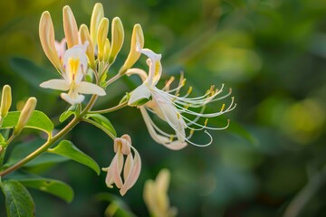 Wall Mural - A white flower with yellow petals is in full bloom. The flower is surrounded by green leaves and is the center of attention in the image. The bright colors of the flower