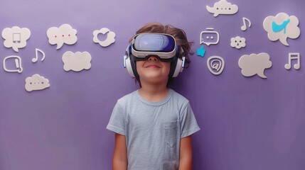 Poster - Little boy in VR glasses standing near purple wall with headphones, and social media icons. Concept of online entertainment. Generative AI.