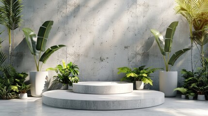 Aufkleber - Modern white podium stage with tropical plants and concrete background, minimalist display platform. Generative AI.