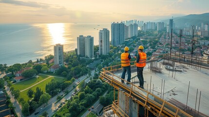 Wall Mural - Aerial view of construction workers wearing safety gear standing on the roof, looking at their project layout design with high-rise buildings and an ocean view in the background. Generative AI.