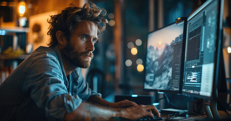Fototapete - A visual effects artist working on a computer, with animation software. Generative AI.