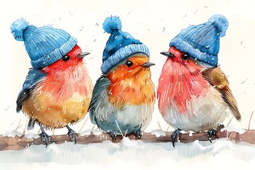 Wall Mural - Three cute birds in blue winter hats perched on snowy branch