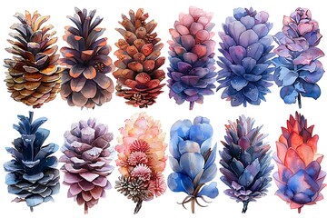 Wall Mural - Watercolor illustration of charming pastel decorated pine cones on white background