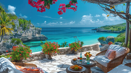 A view of the blue ocean from an elegant stone terrace with wicker furniture and colorful flowers. On that terrace there is a breakfast table set and some fresh fruit in glasses on top of it.